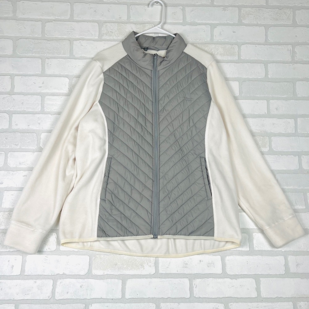 Bass Womens XL Hybrid Quilted Puffer Fleece Full Zip Jacket Grey Cream
